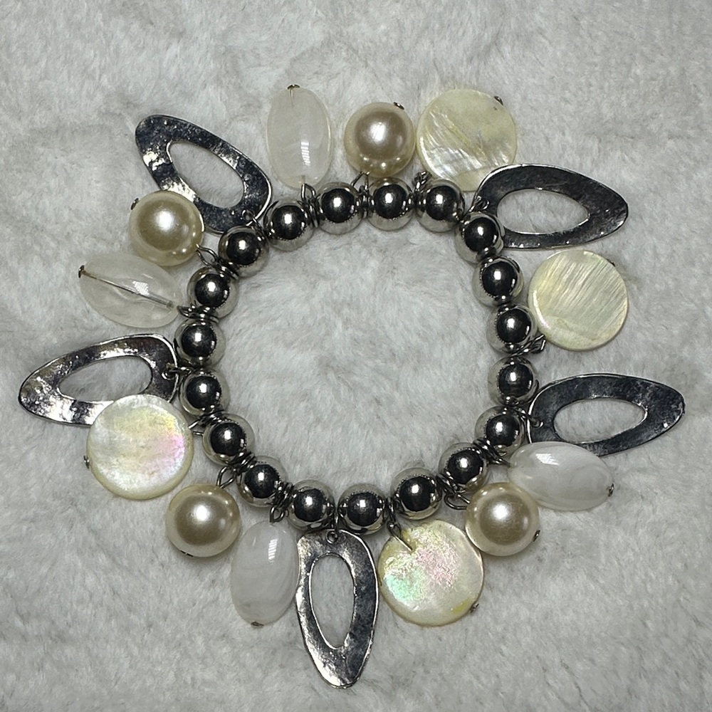 Pearl and Silver Bead Charm Bracelet